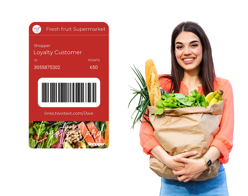 A digital supermarket loyalty card with a scannable barcode and points balance shown next to a smiling woman holding a bag of fresh groceries.