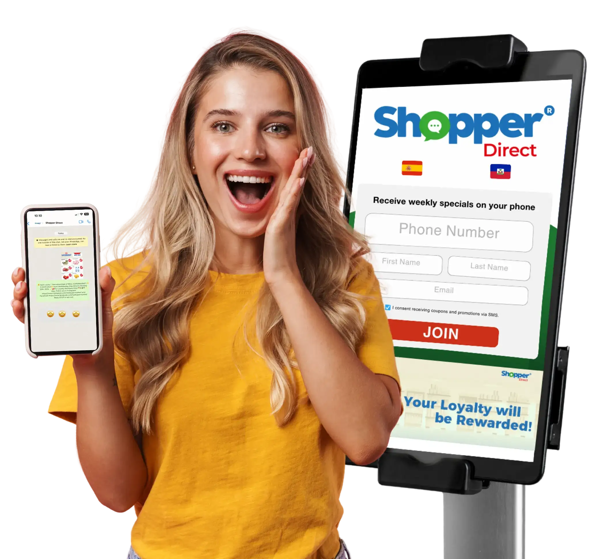 An excited shopper holding a smartphone displaying an SMS coupon, standing next to a Shopper Direct digital kiosk with a multi-language loyalty sign-up form.