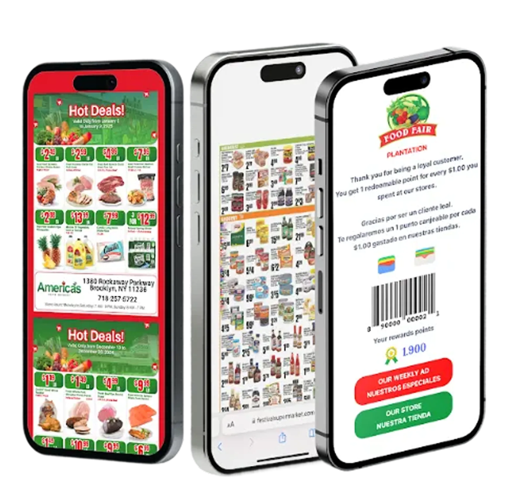 Three smartphones displaying the Shopper Direct mobile platform, featuring digital "Hot Deals" circulars for Americas supermarket and a bilingual loyalty points interface for Food Fair.