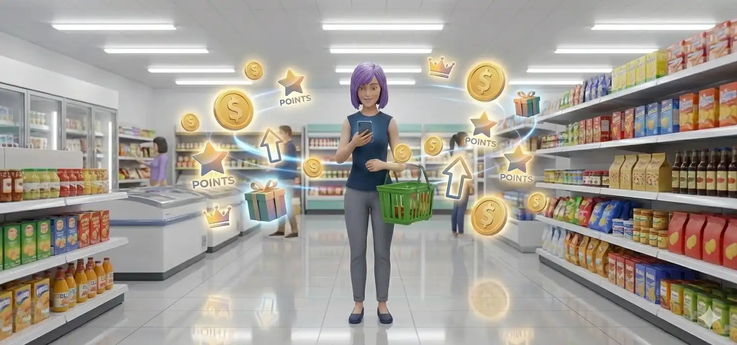 A conceptual illustration of a shopper in a grocery aisle with digital icons of gold coins, reward points, crowns, and gift boxes floating around her smartphone.