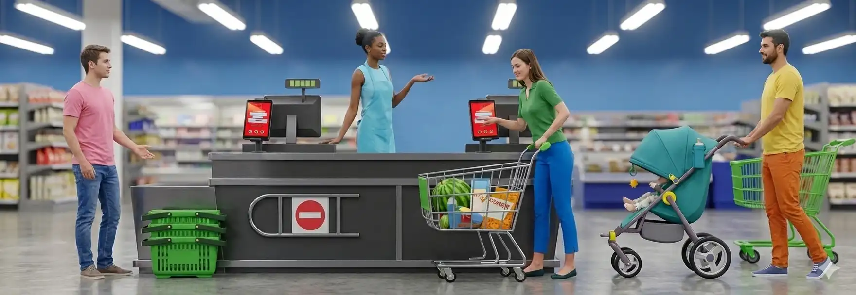 A busy supermarket checkout area with multiple lanes featuring Shopper Direct digital loyalty tablets and point-of-sale displays being used by diverse customers.