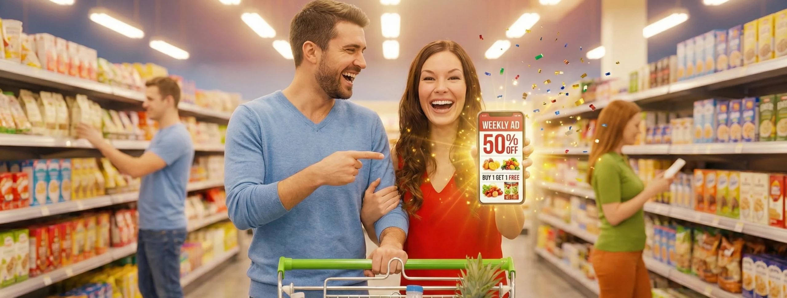 A happy couple in a grocery store aisle celebrating a 50% off "Buy 1 Get 1 Free" weekly ad deal displayed on a smartphone via the Shopper Direct platform.