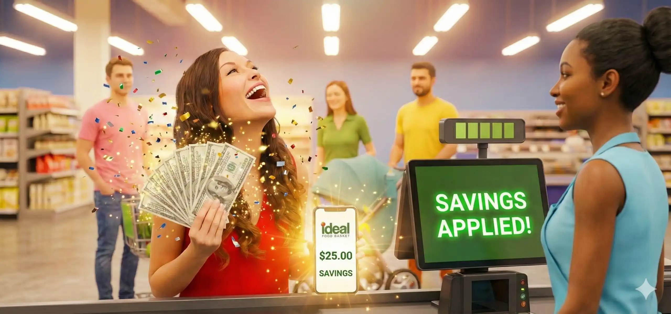 An ecstatic shopper at an Ideal Food Basket checkout celebrating as a Shopper Direct POS screen flashes "SAVINGS APPLIED!" and her phone shows a $25 reward.