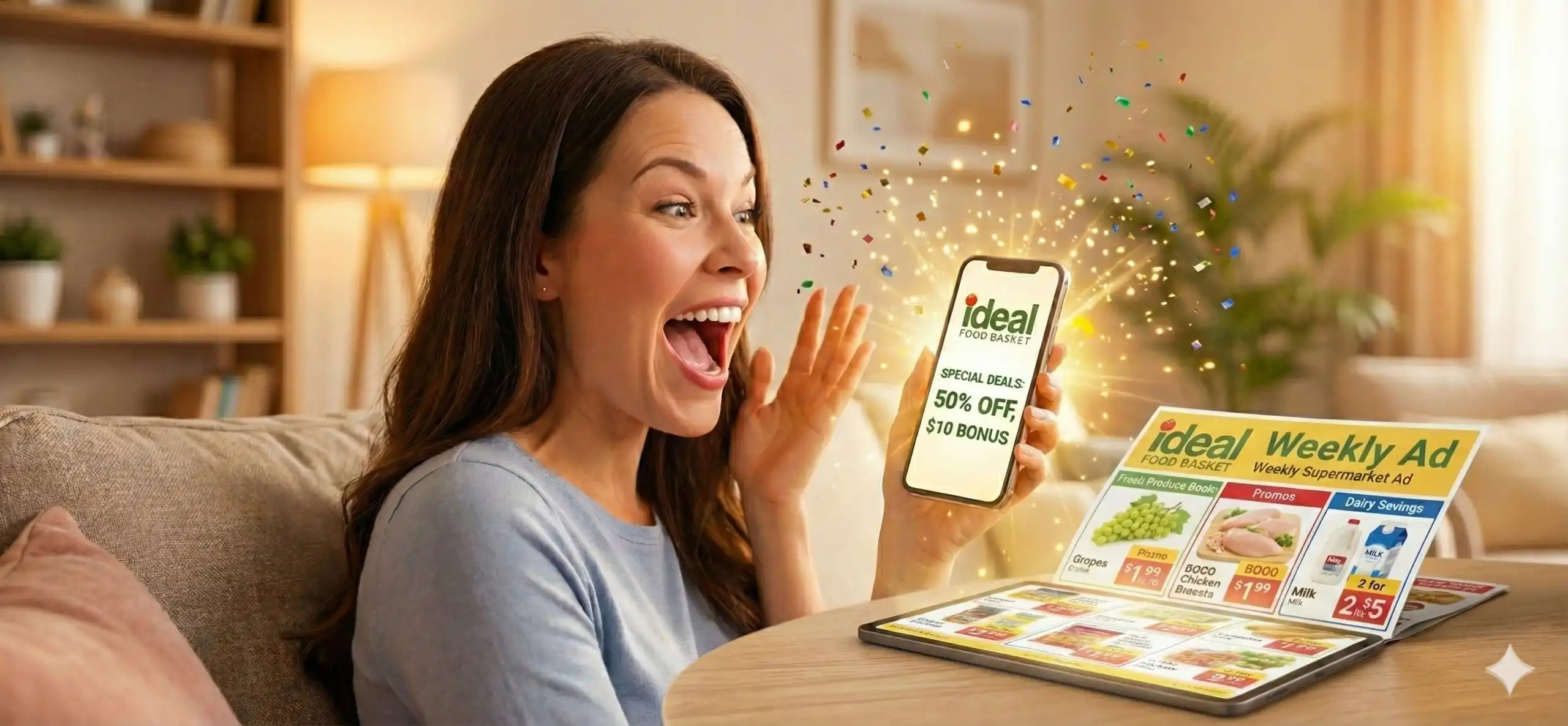 A happy woman at home on her sofa reacting with excitement to an Ideal Food Basket SMS coupon on her phone next to a digital weekly ad on her tablet.